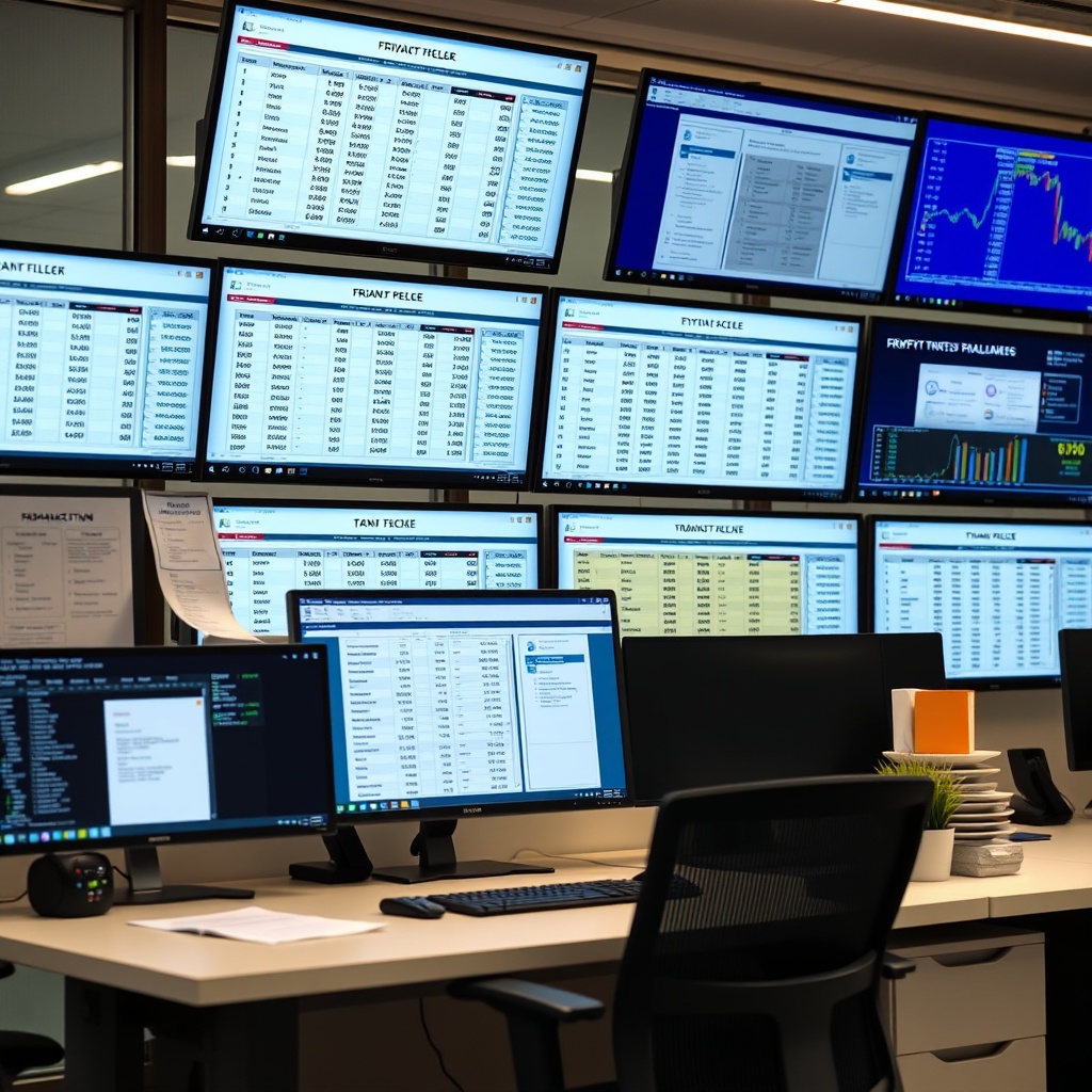 Professional stock photo of organized digital filing system showing cryptocurrency transaction records and tax documents on multiple screens in a modern office setting