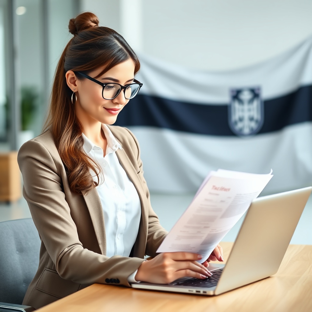 Professional businesswoman reviewing international tax documents on laptop with Estonian flag in background, modern office setting
