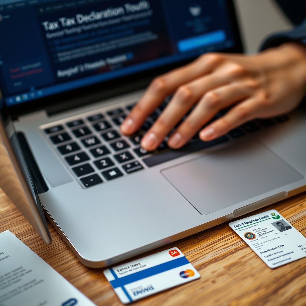 Close-up of hands typing on laptop showing digital tax declaration interface, Estonian digital ID card visible on desk