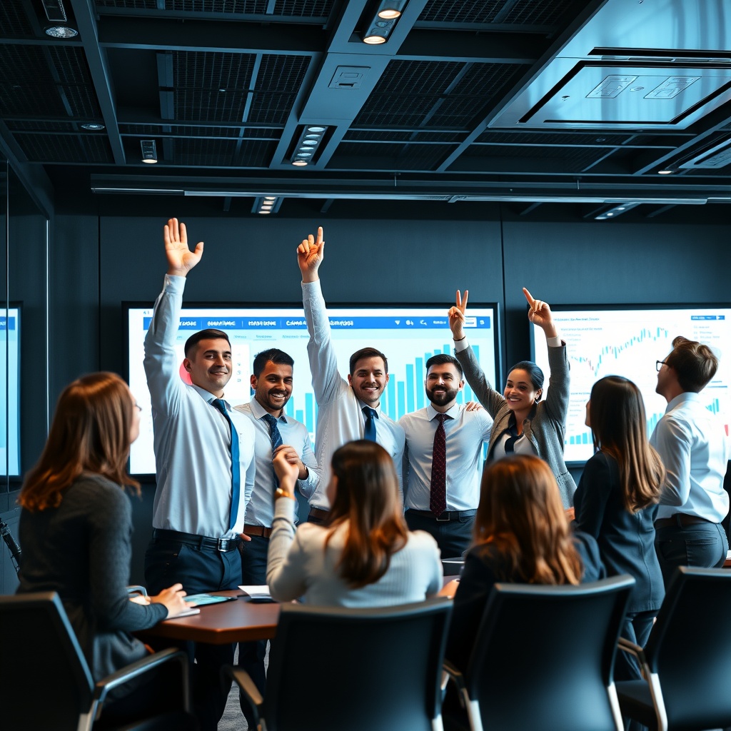Business team celebrating successful tax optimization strategy in modern conference room with digital screens showing financial charts