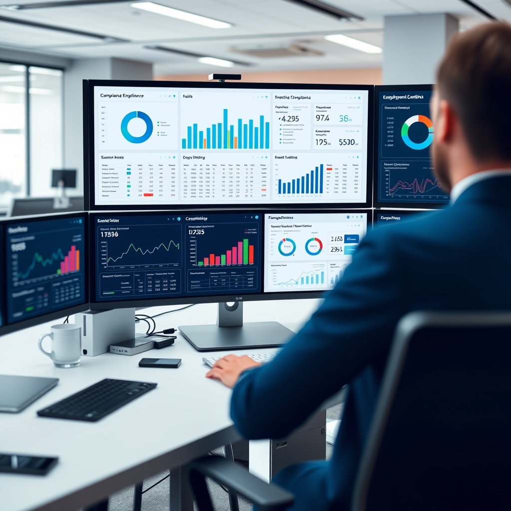 Professional stock photo of modern compliance dashboard on multiple screens showing portfolio tracking, tax calculations, and reporting tools in a contemporary office setting