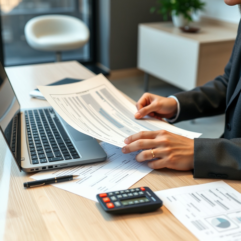 Professional stock photo of a person reviewing tax documents and financial statements at a modern desk with calculator and laptop, representing income tax obligations for freelancers