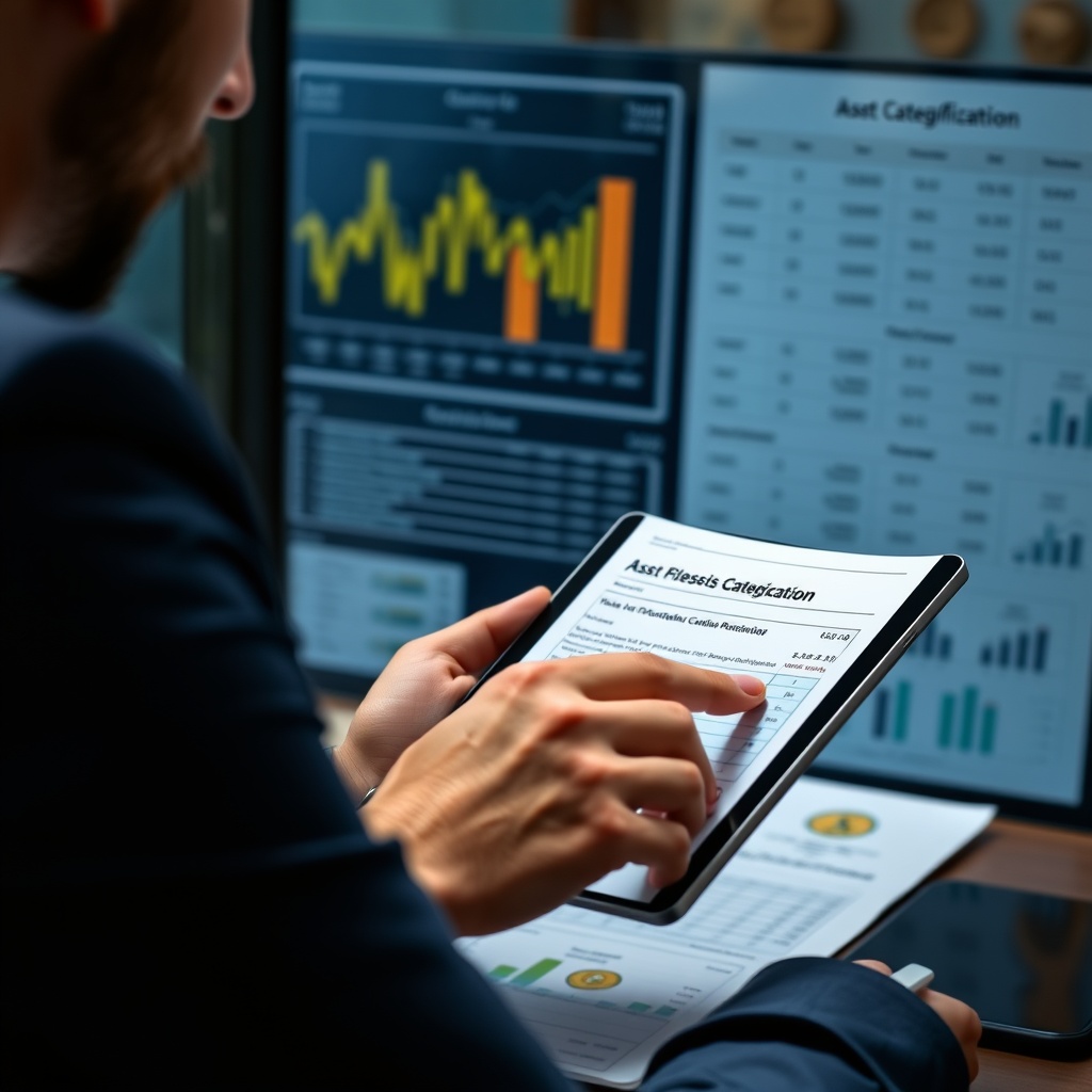 Professional stock photo of a financial analyst reviewing cryptocurrency tax classification documents on a tablet, with charts and asset categorization diagrams visible in the background