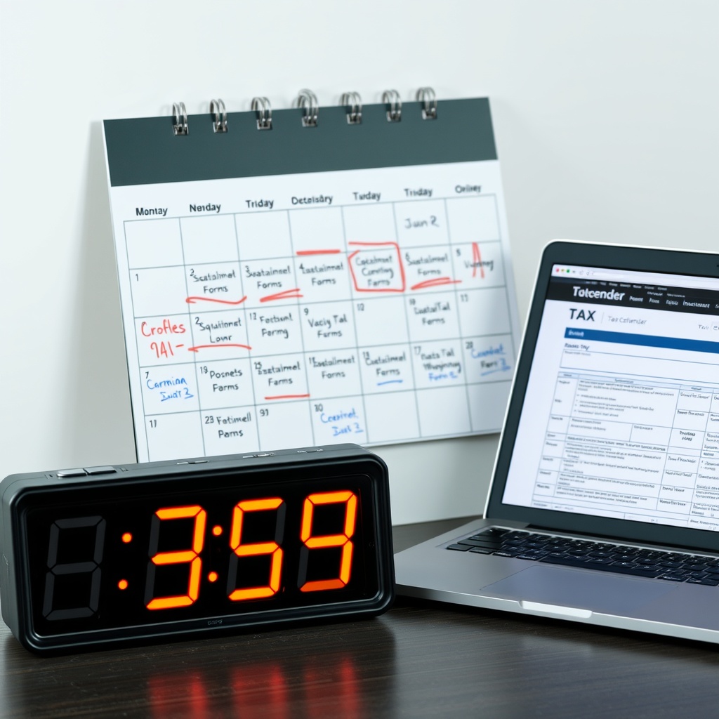 Professional stock photo of a calendar marked with tax deadlines, next to a laptop showing tax forms and a digital clock displaying important dates