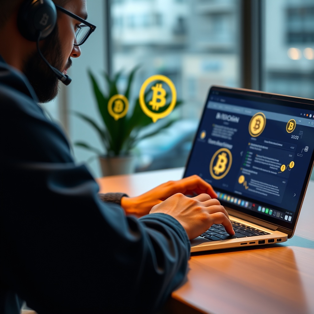 Professional stock photo of a digital nomad using a laptop for banking transactions, with multiple currency symbols and blockchain interface elements visible on screen