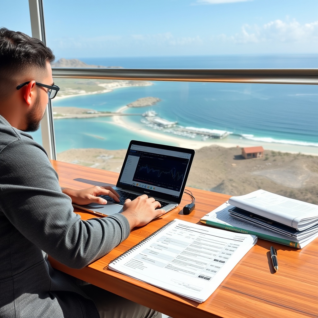 Professional stock photo of a digital nomad working on laptop with crypto portfolio tracking software open, organized tax documents and financial records neatly arranged on desk overlooking Cabo Verde beach landscape, modern workspace setup