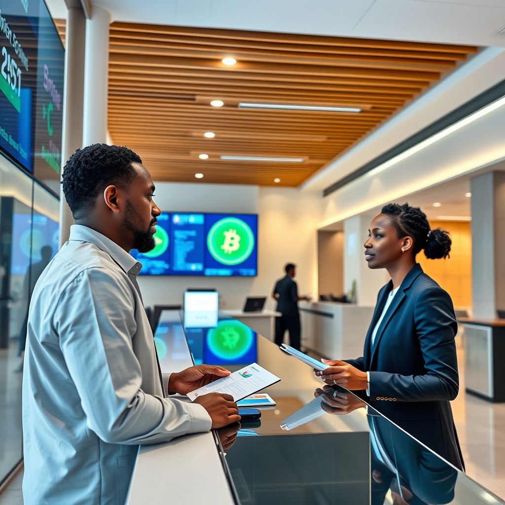 Professional stock photo of modern banking interior in Cabo Verde with digital nomad discussing financial services with bank representative, cryptocurrency symbols subtly displayed on digital screens, contemporary African financial institution setting