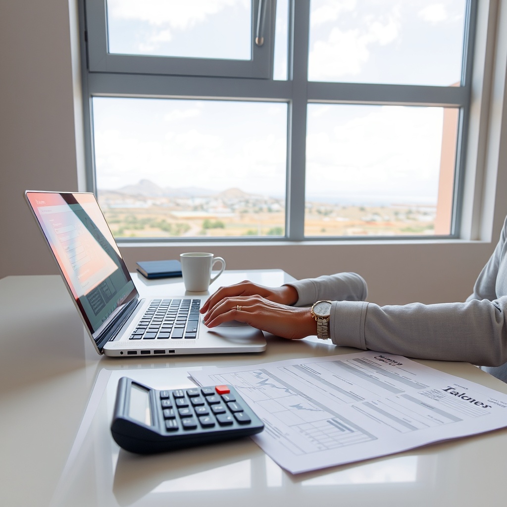 Professional stock photo of a freelance worker calculating taxes on a laptop with financial documents and calculator on a modern desk, Cabo Verde landscape visible through window