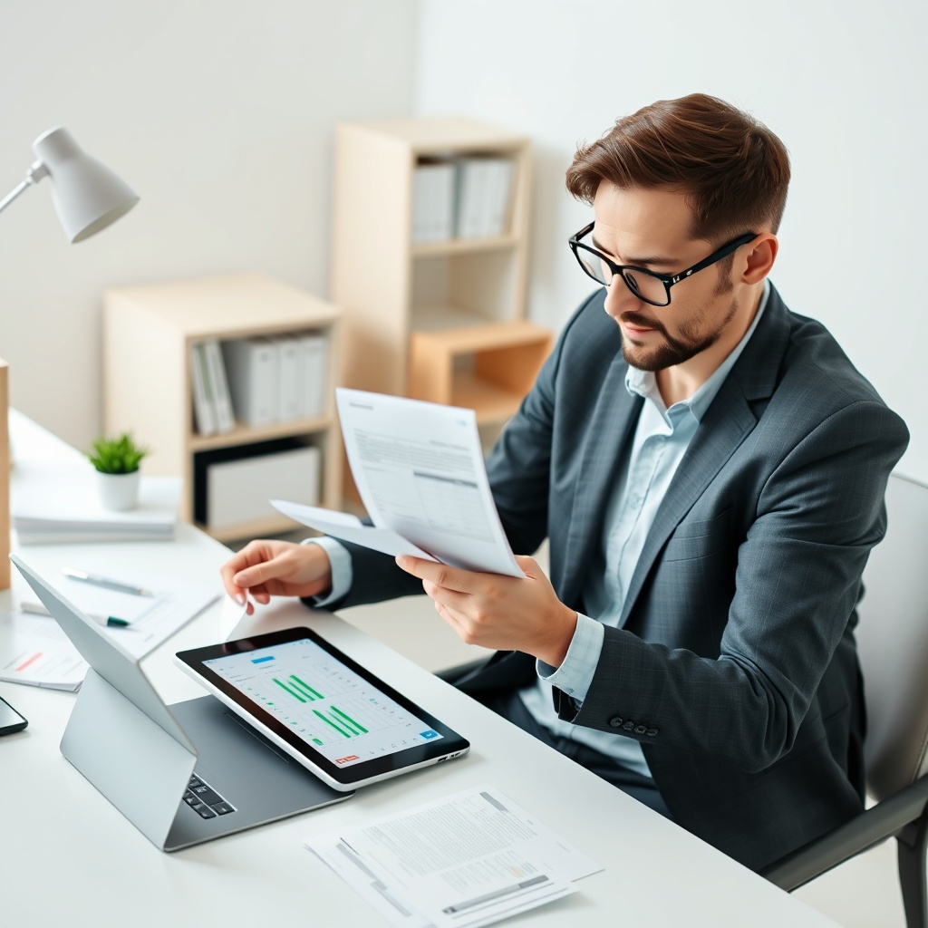 Professional stock photo of a freelancer reviewing expense receipts and financial documents on a clean workspace with digital tablet showing expense tracking app