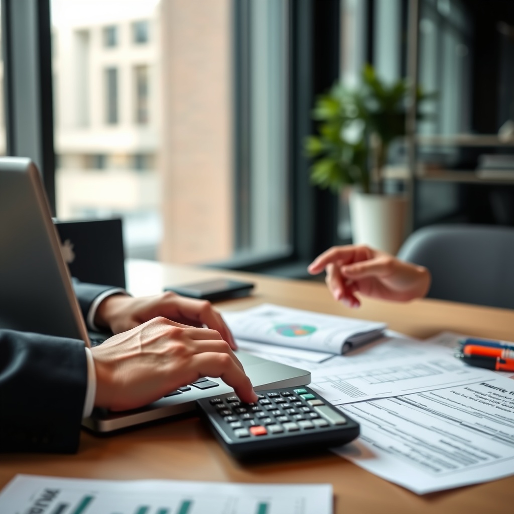 Professional stock photo of a person calculating cryptocurrency taxes on a laptop with spreadsheets and financial documents, modern office setting with calculator and tax forms visible