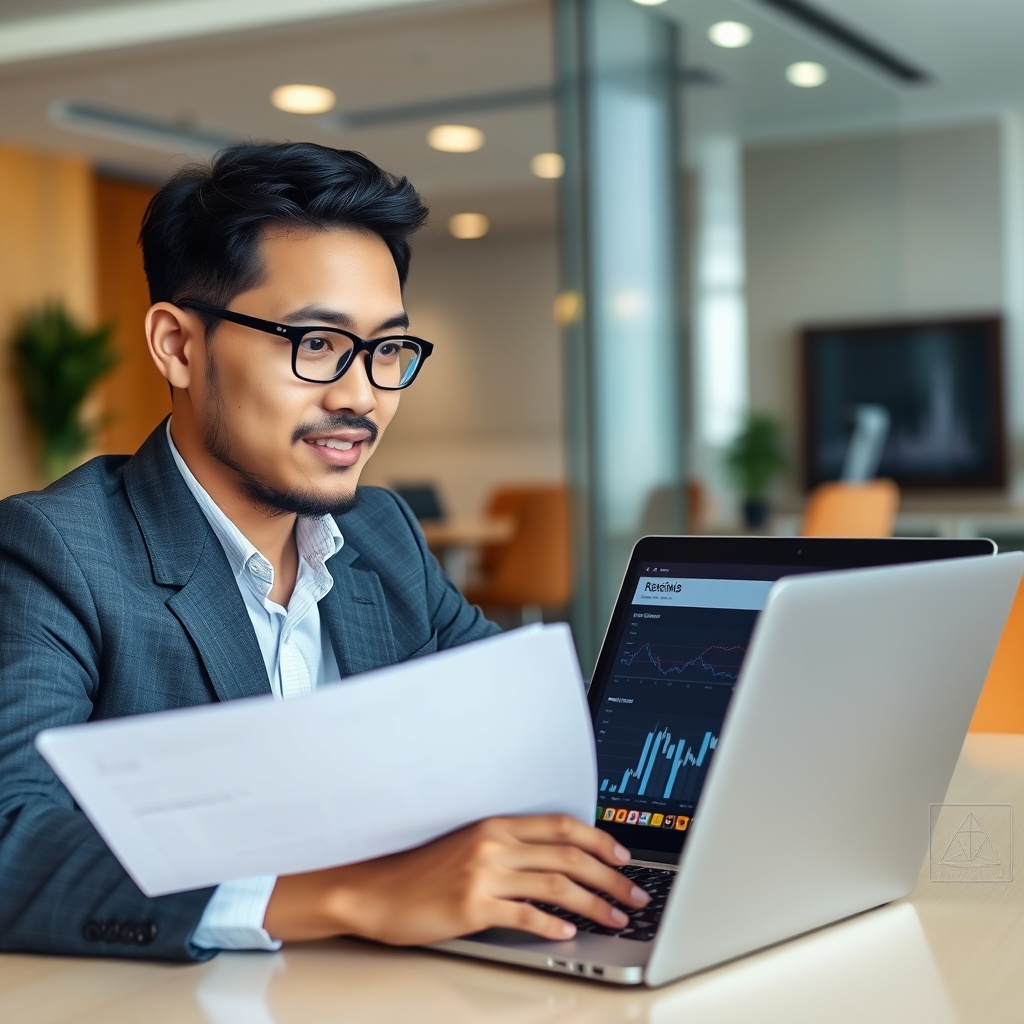 Professional stock photo of a business professional setting up a cryptocurrency company in Cambodia, showing business registration documents, laptop with crypto charts, and modern office environment