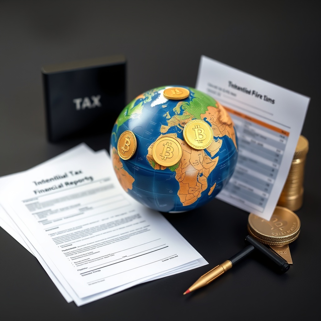 Professional stock photo of international tax compliance for expats, showing globe with cryptocurrency symbols, tax treaty documents, and cross-border financial reporting forms