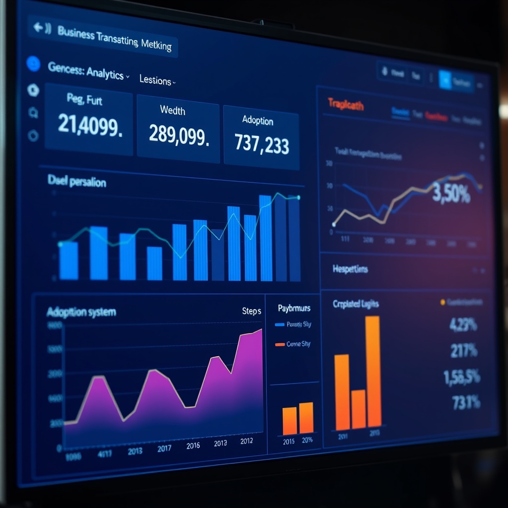 Professional stock photo of business analytics dashboard displaying transaction metrics and performance data for digital payment systems, with charts showing growth and adoption rates