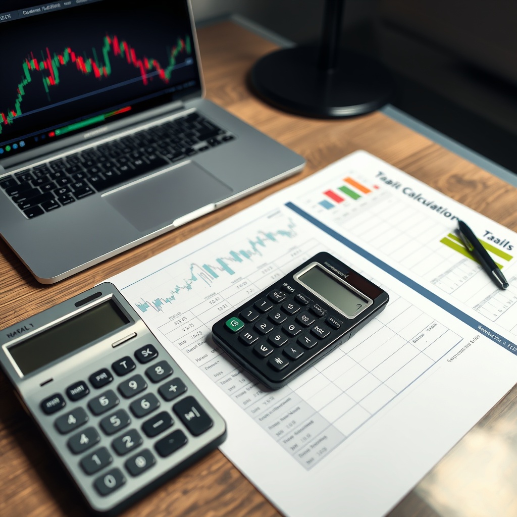Professional stock photo of cryptocurrency trading charts and tax calculation documents on a modern desk with laptop and calculator, representing capital gains tax calculation