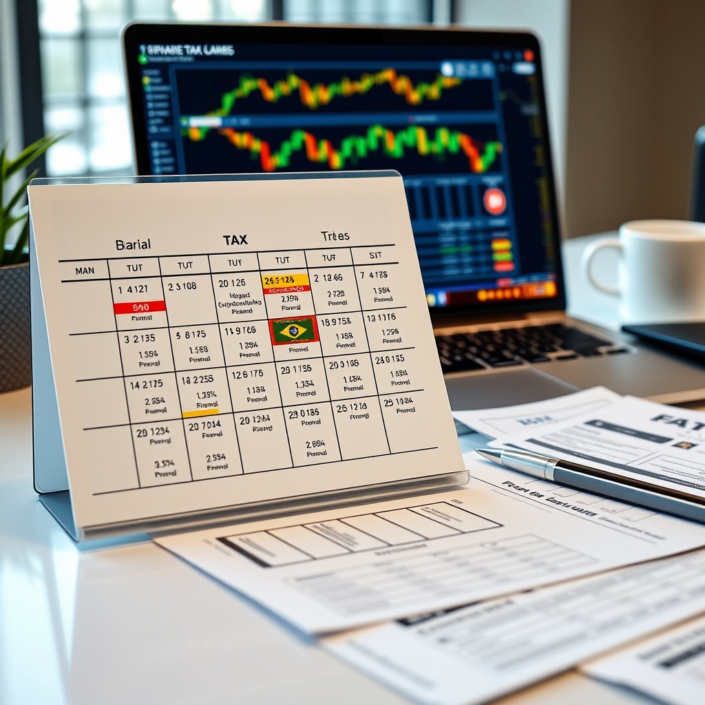 Professional stock photo of a Brazilian tax calendar with highlighted monthly deadlines, tax forms on a modern desk with cryptocurrency charts visible on a laptop screen in the background