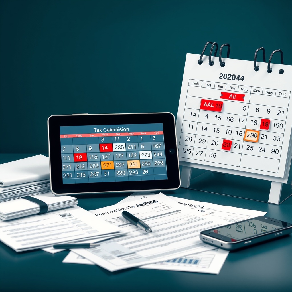 Professional stock photo of tax filing documents and calendar with deadline dates highlighted, showing organized paperwork and digital devices for tax submission procedures