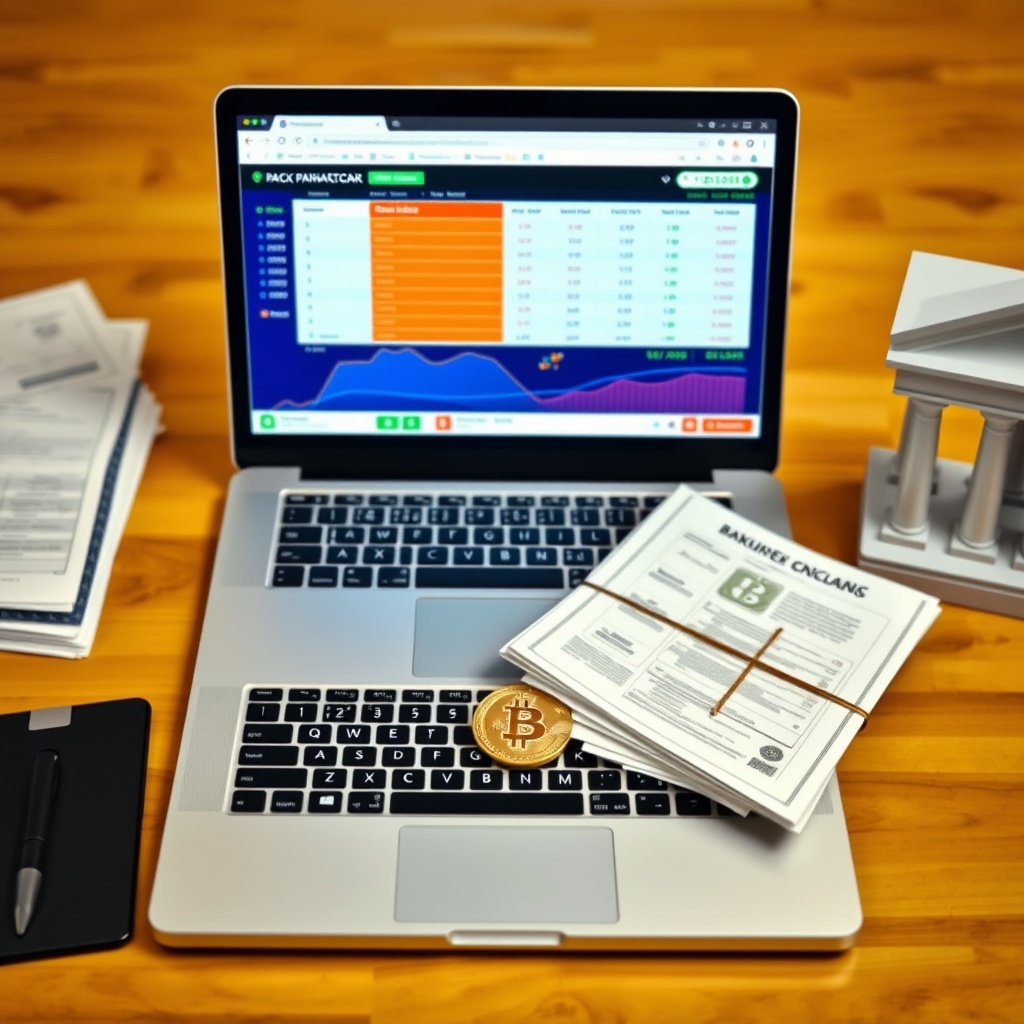Professional stock photo of modern banking setup with laptop showing cryptocurrency exchange interface and traditional bank documents, representing financial integration