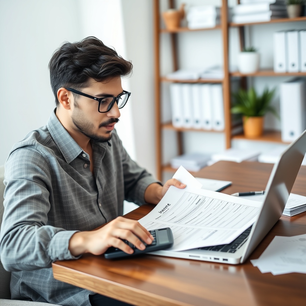 Professional stock photo of a freelancer calculating income tax on a laptop with tax forms and calculator visible, modern home office setting with clean financial documents organized neatly