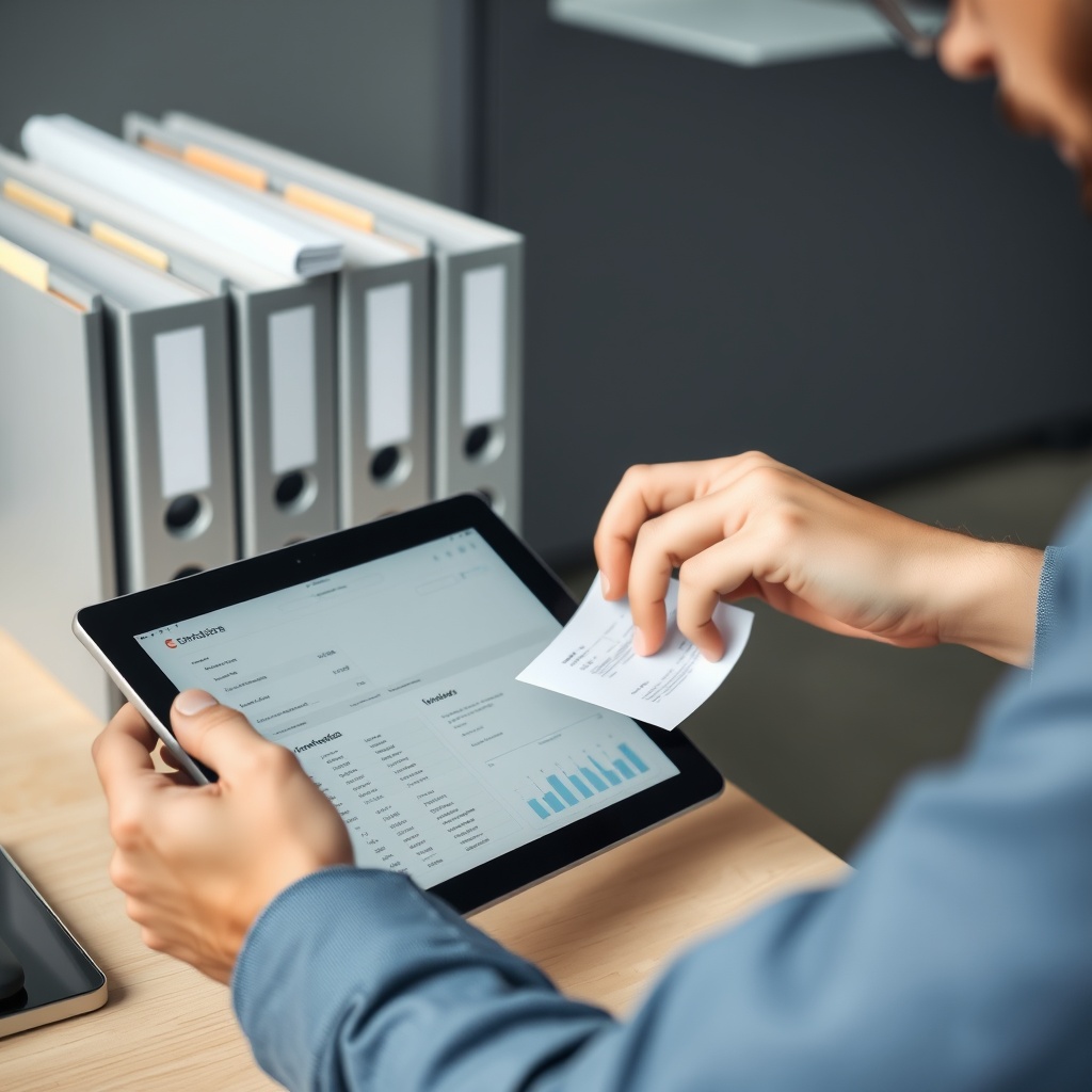 Professional stock photo of a freelancer organizing digital financial records on a tablet with receipts and invoices visible, modern workspace with filing system in background
