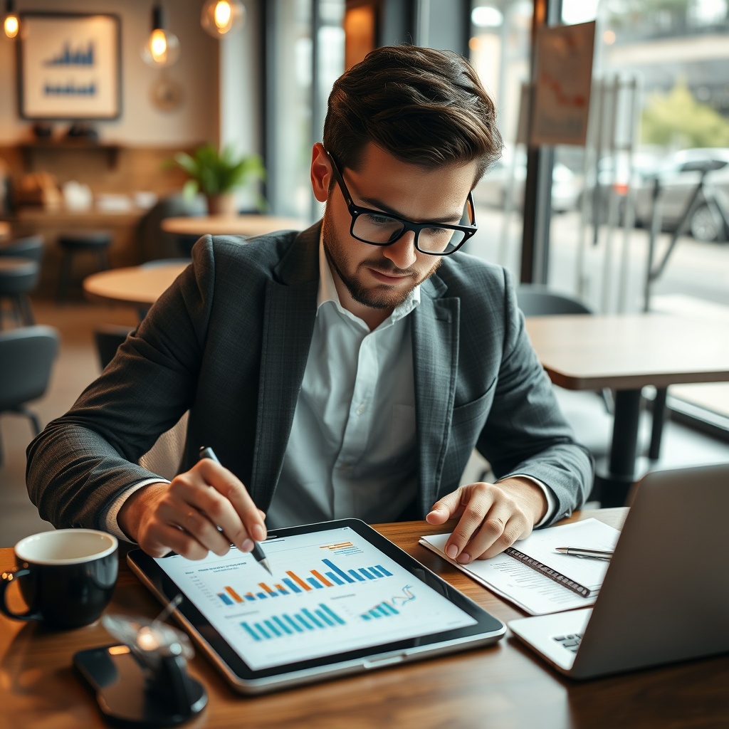 Professional stock photo of a freelancer creating a financial budget on a digital tablet with charts and graphs visible, coffee shop workspace with financial planning tools