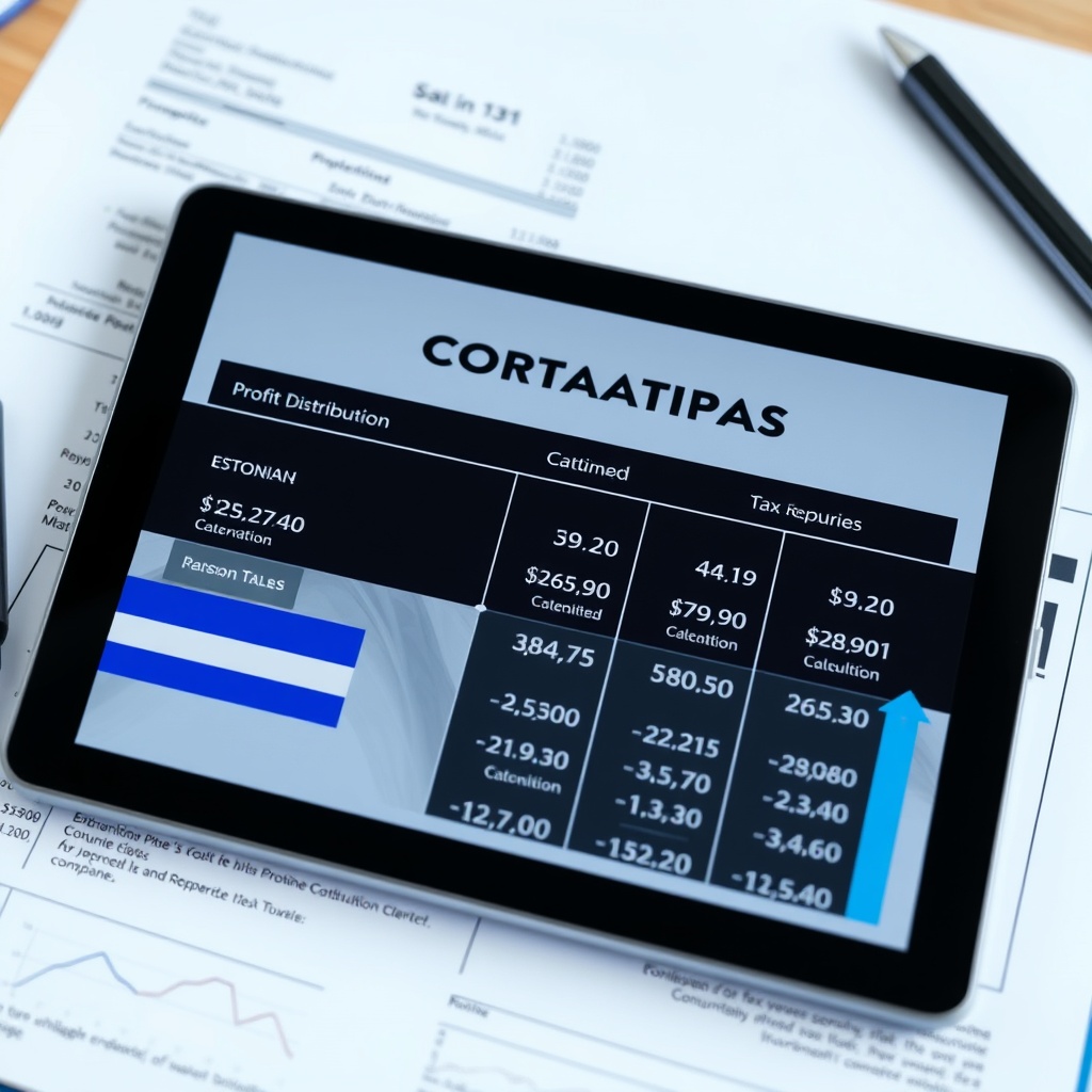 Professional stock photo of a modern corporate tax document with Estonian flag elements, showing profit distribution calculations on a digital tablet with clean financial graphics