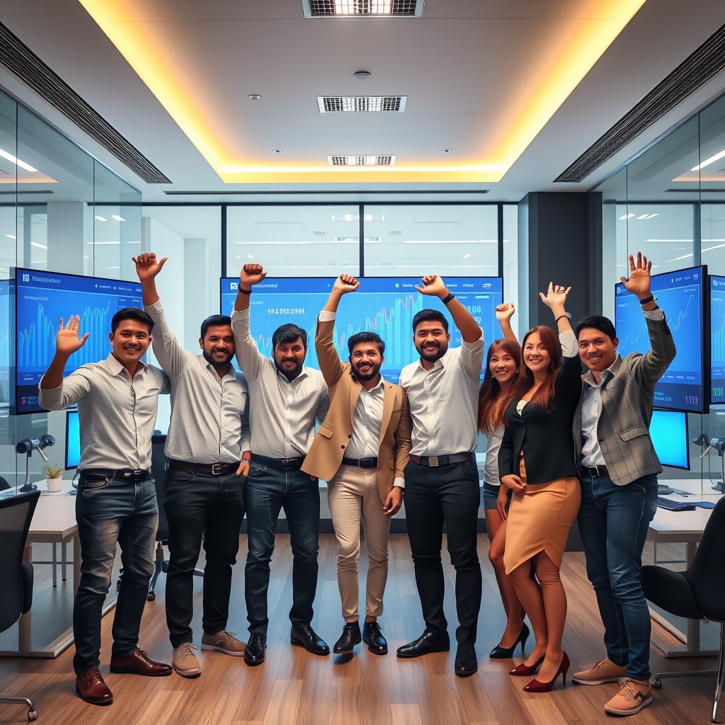 Professional stock photo of successful fintech team celebrating milestone achievement in modern office, with digital displays showing market growth charts and company logos