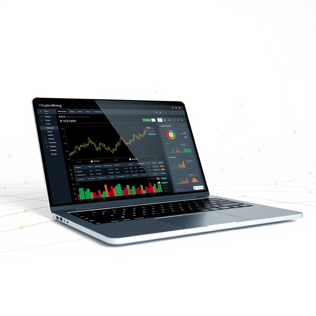 Professional stock photo of a modern laptop displaying cryptocurrency mining dashboard with colorful charts and graphs, surrounded by abstract digital network connections and blockchain visualization elements on a clean white background