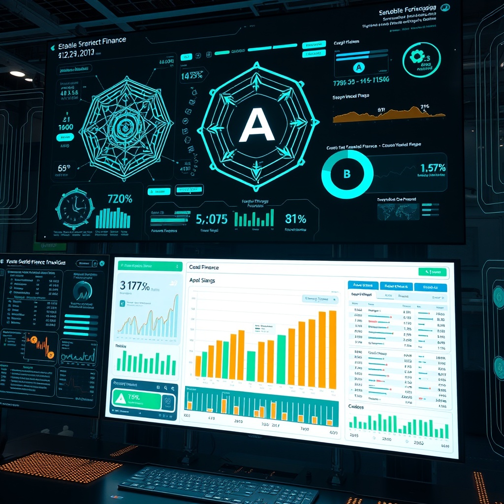 Professional stock photo of futuristic technology interface showing AI algorithms, sustainable finance metrics, and embedded finance applications on digital screens