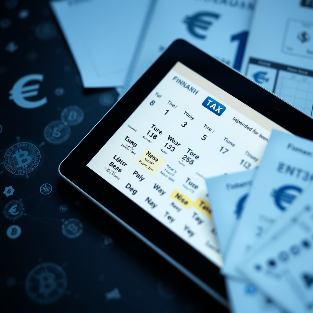 Professional stock photo of a Finnish tax calendar with important dates highlighted, showing digital tax forms on a tablet with euro currency symbols and subtle blockchain patterns in the background