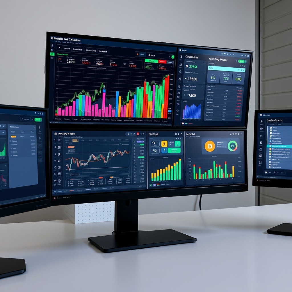 Professional stock photo of sophisticated crypto tax software interface on multiple screens, showing portfolio tracking dashboards with colorful charts and integration icons with Finnish tax authority systems