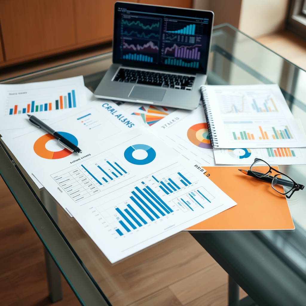 Professional stock photo of diverse investment portfolio documents on a modern glass desk with a laptop showing financial charts, representing capital gains and investment taxation concepts