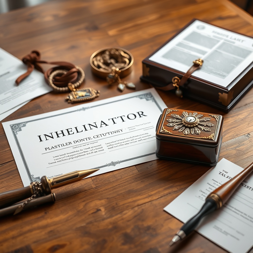 Professional stock photo of elegant inheritance documents and family heirlooms arranged on a wooden table with legal papers, symbolizing inheritance and gift tax regulations