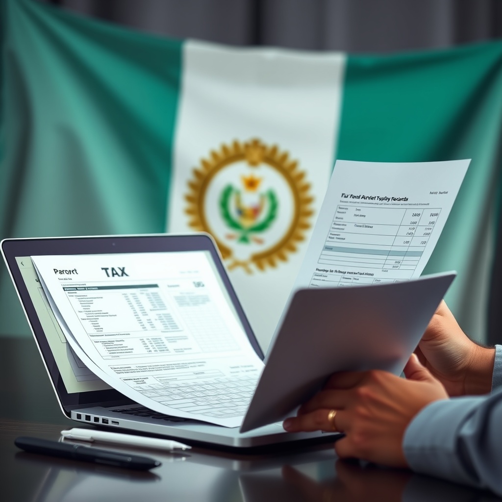 Professional stock photo of a person reviewing tax documents and cryptocurrency transaction records on a laptop, with Guatemalan flag visible in background, representing crypto tax reporting procedures for expats