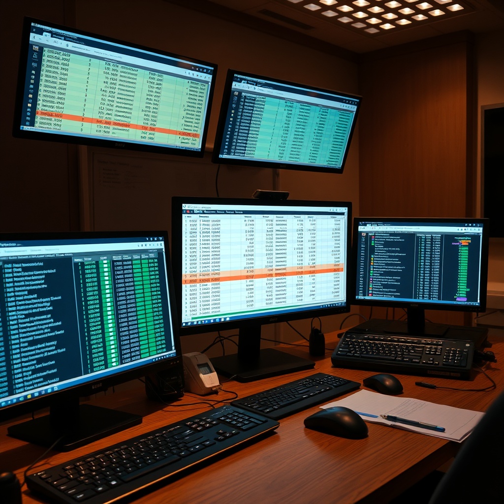 Professional stock photo of organized digital filing system showing transaction records and cost basis calculations on multiple screens, representing record-keeping best practices for crypto taxes