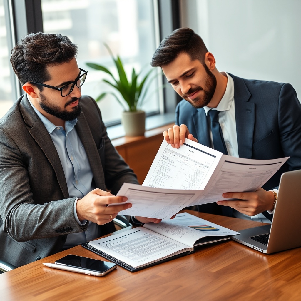 Professional stock photo of business meeting between expat and professional tax advisor reviewing crypto portfolio documents, representing professional tax advisory services