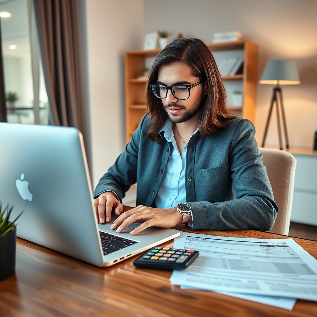 Professional stock photo of a freelancer working on a laptop with tax documents and calculator nearby, showing focused work on financial calculations in a modern home office setting