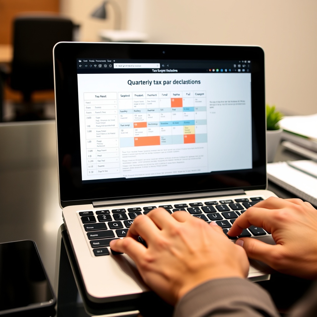Professional stock photo of hands typing on a laptop keyboard with tax forms and calendar visible on screen, representing quarterly tax declaration procedures in a clean office environment