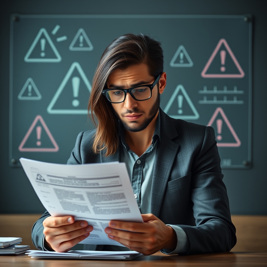 Professional stock photo of a concerned freelancer reviewing tax documents with warning symbols subtly incorporated in the background, representing compliance risks and penalties