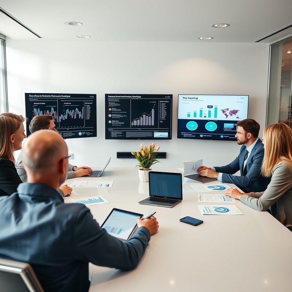 Professional stock photo of insurance executives developing implementation strategies around a conference table with market analysis charts, digital roadmaps, and distribution channel optimization diagrams displayed on screens in a bright corporate boardroom