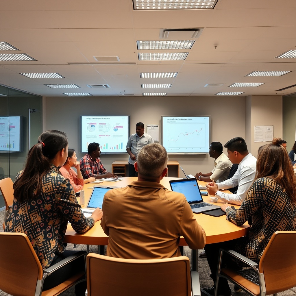 Professional stock photo of capacity building workshop with diverse insurance professionals participating in training sessions, with educational materials, market development charts, and digital learning tools visible in a modern training facility