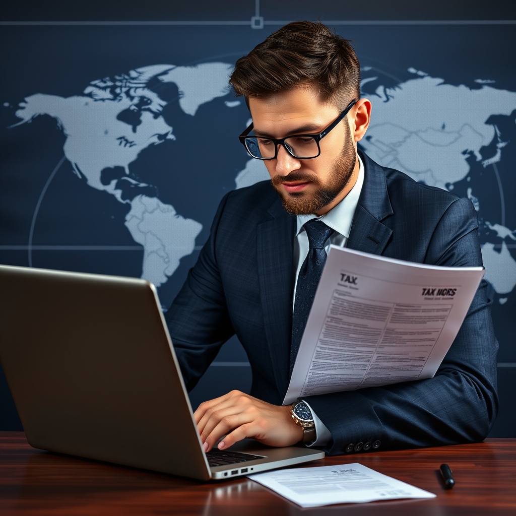 Professional stock photo of a businessman analyzing tax residency documents on a laptop with global map background, representing residential status determination for crypto taxation