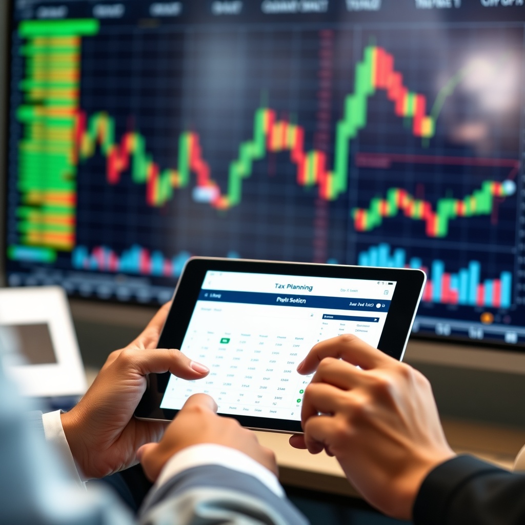 Professional stock photo of a business person using tax planning software on tablet with financial charts in background, representing crypto tax planning strategies