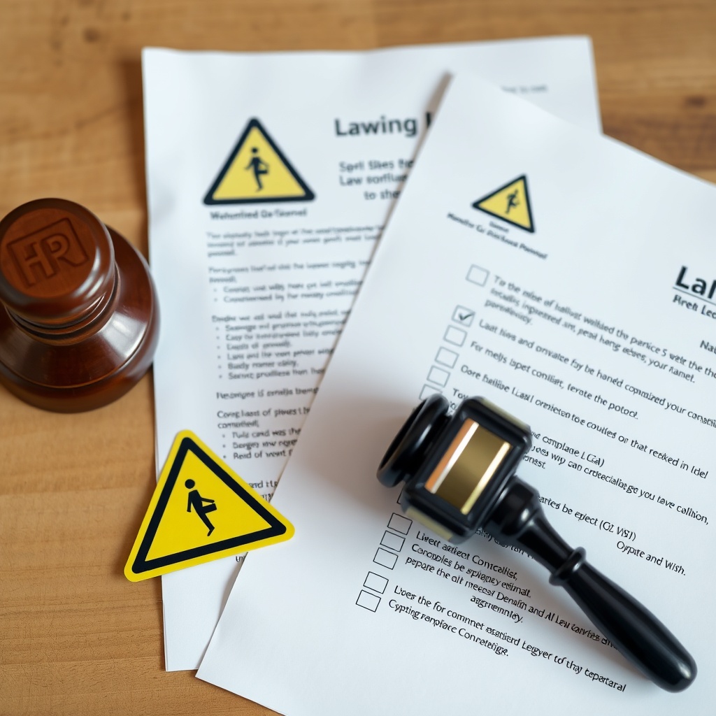 Professional stock photo of legal documents with warning symbols and compliance checklist, representing penalties and consequences of non-compliance