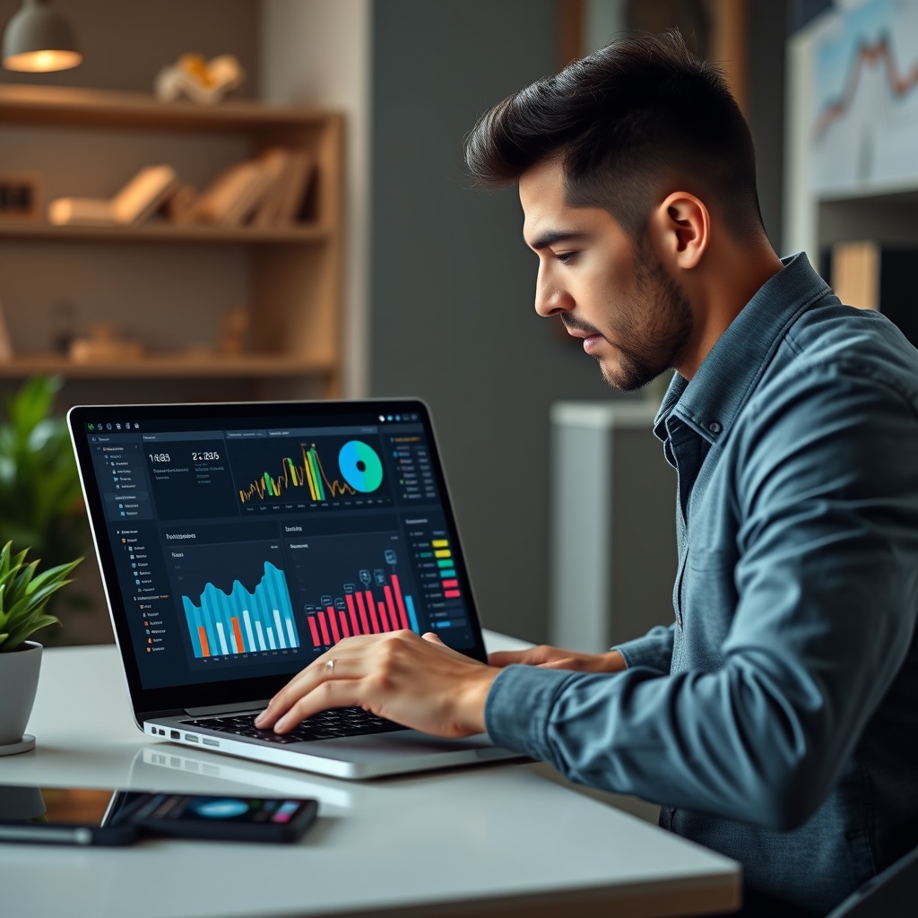 Professional stock photo of small business owner using digital marketing analytics dashboard on laptop, showing customer acquisition metrics and retention strategies with colorful data visualizations