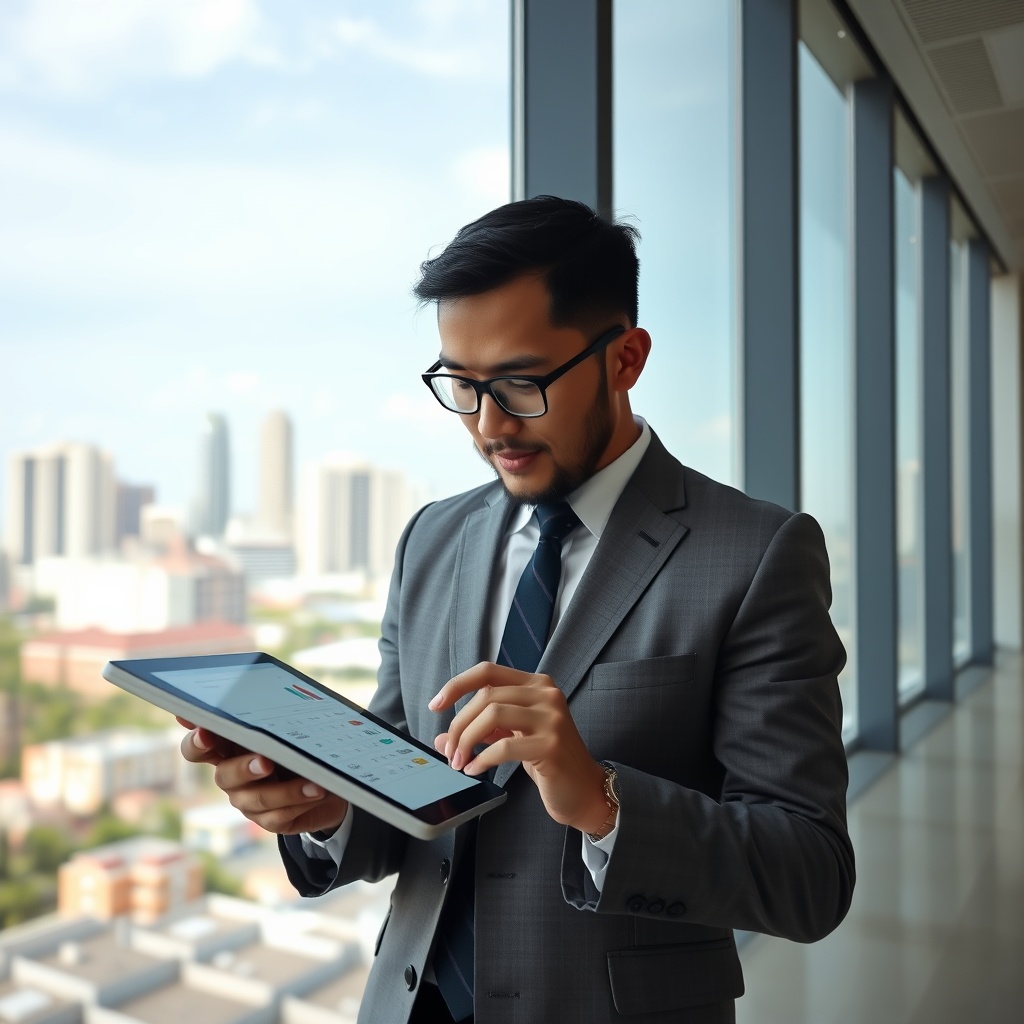 Professional stock photo of a business person analyzing cryptocurrency tax calculations on a digital tablet, with Indonesian city skyline in background, clean modern office setting
