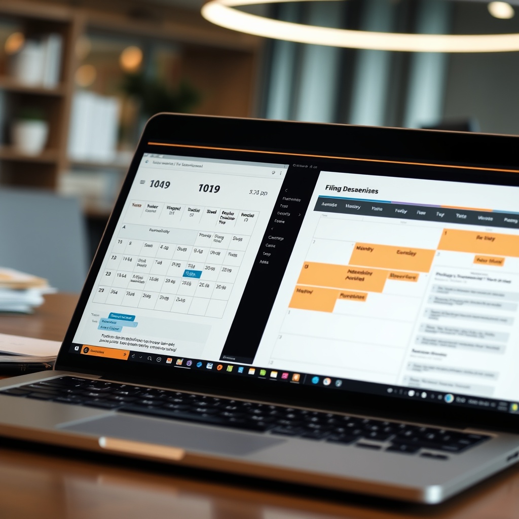 Professional stock photo of organized digital tax documentation on a laptop screen, with calendar showing filing deadlines, modern workspace environment