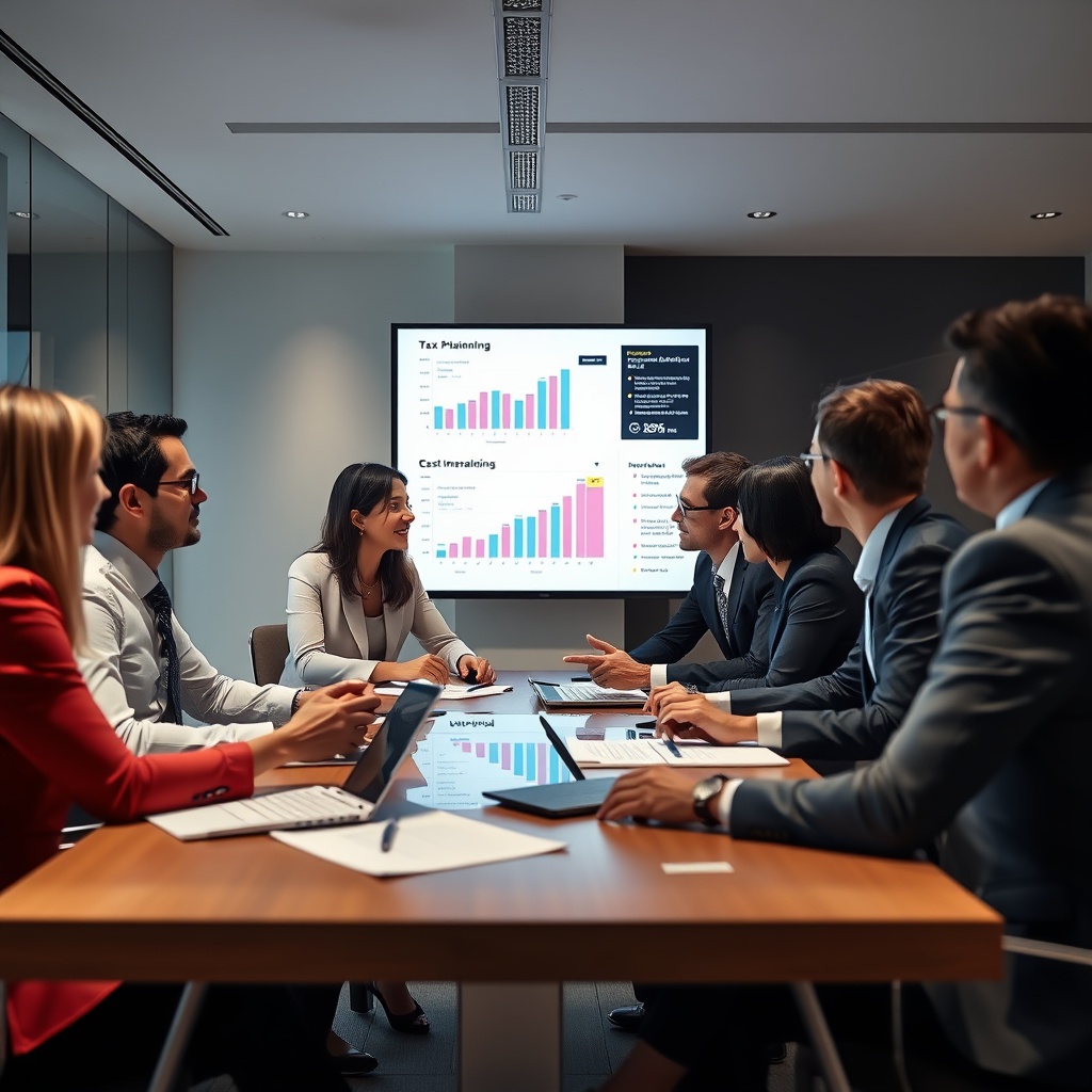 Professional stock photo of strategic tax planning meeting with international business professionals, digital charts showing optimization strategies, contemporary office setting