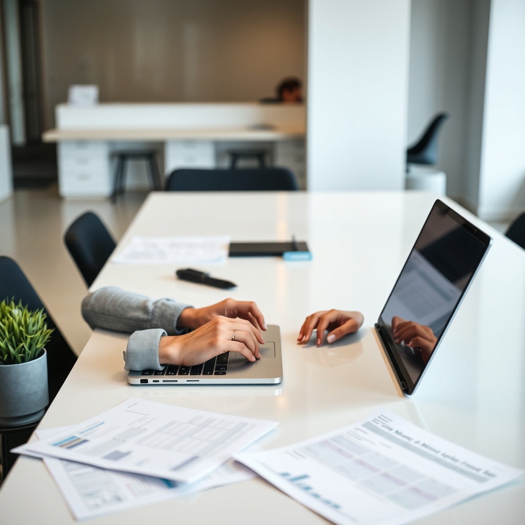 Professional stock photo of a freelancer calculating business expenses on a laptop with receipts and documents spread out on a modern desk, clean office background