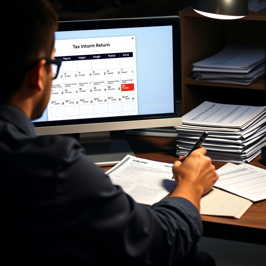 Professional stock photo of a person completing tax return forms on a computer with calendar showing annual deadlines, organized workspace with documents