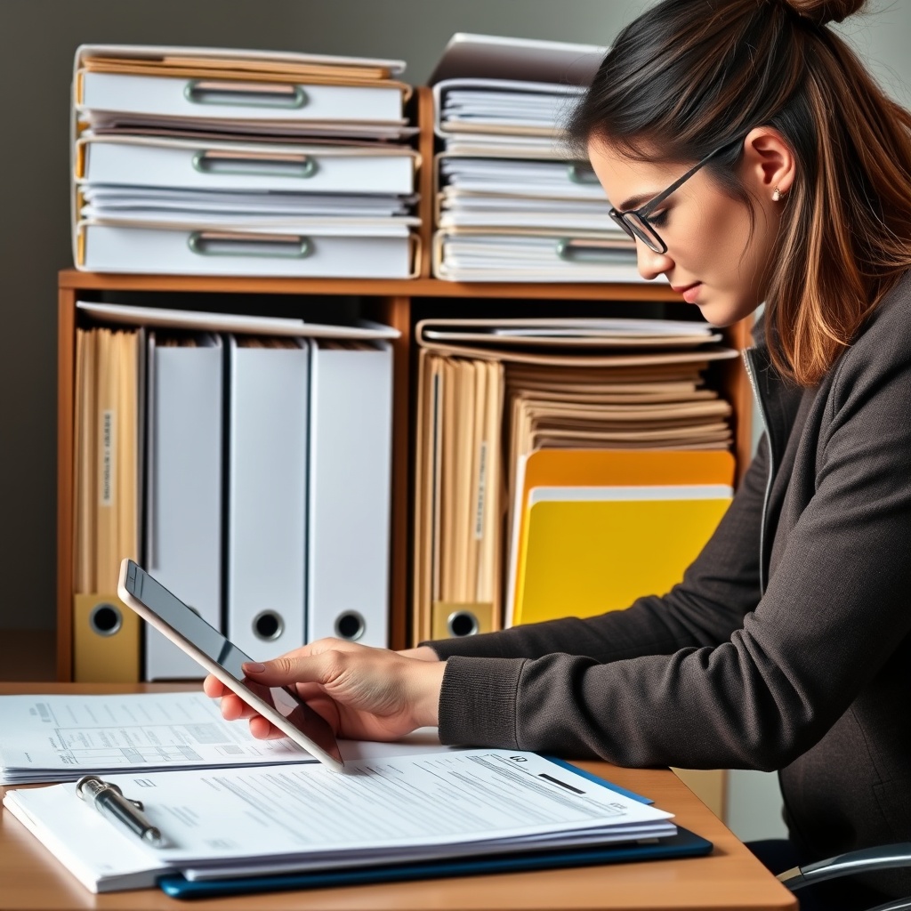 Professional stock photo of a freelancer organizing financial documents for tax audit preparation, neat filing system with labeled folders and digital tablet